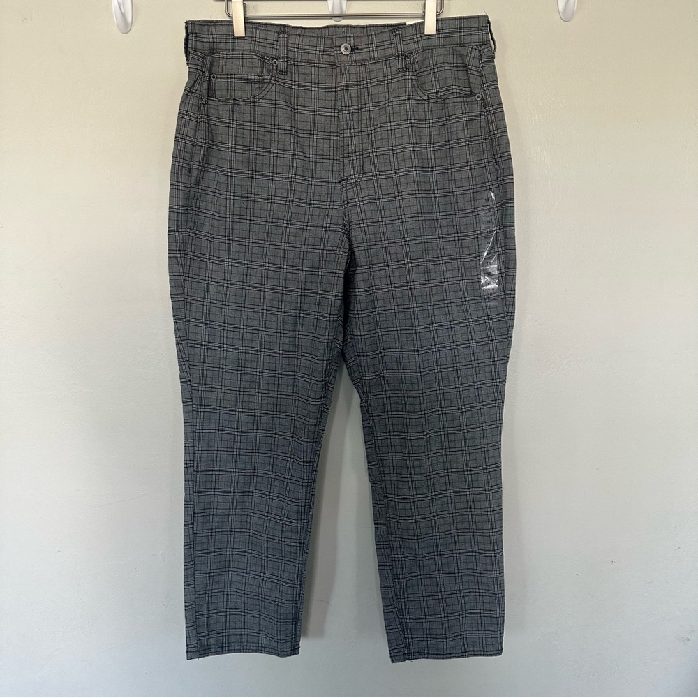 American Eagle Super High Rise Mom Straight Pants Plaid Gray Stretch Size 18